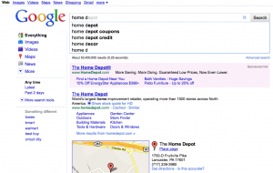 Google instant search results automatically promoting Home Depot